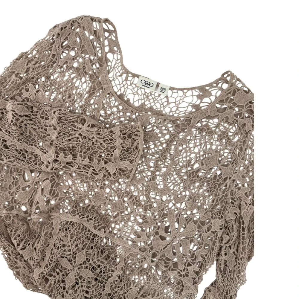 Cato Crochet Knit Shawl Scarf Oatmeal Beige Fringe Coastal Grandmother Boho Chic